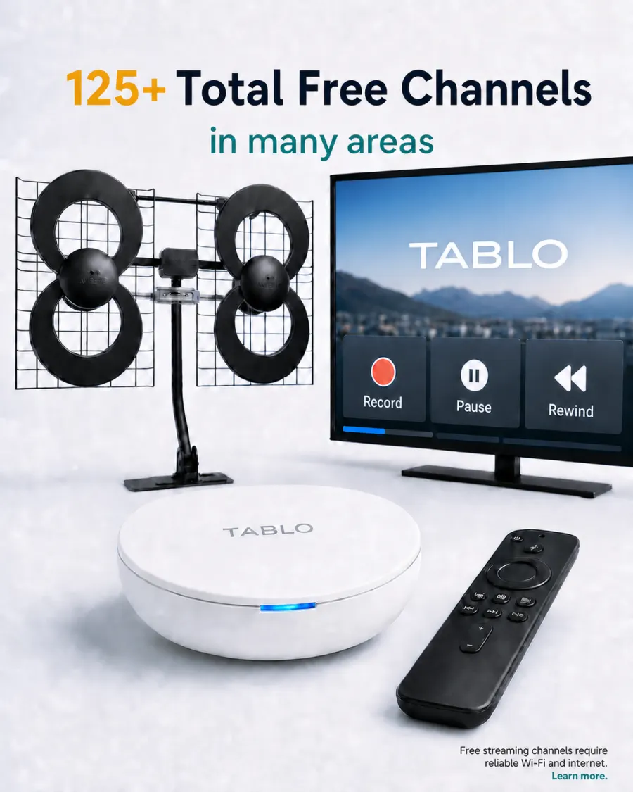 Tablo DVR with over-the-air TV antenna, television, and remote